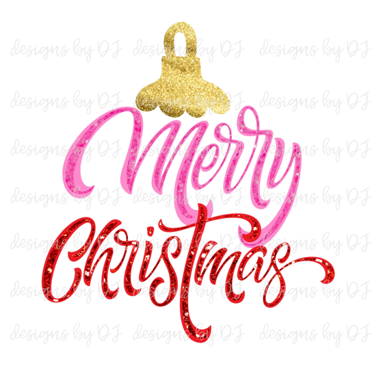 Merry Christmas Pink/Red Glitter Ornament Digital