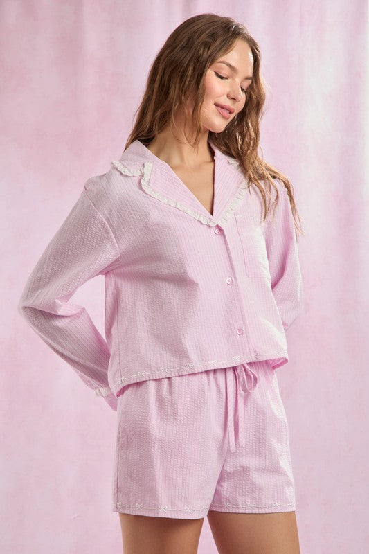 Seersucker Stripe + Bow Lounge Set