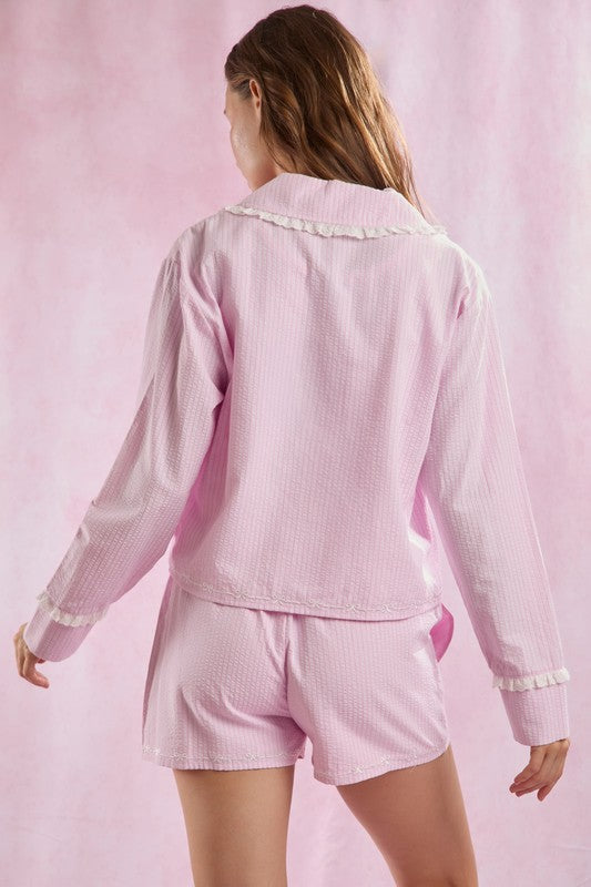 Seersucker Stripe + Bow Lounge Set
