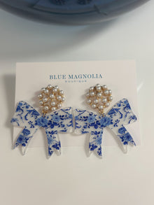  Blue Florals & Pearls Bow Earrings