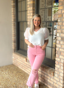  Pink High Waist Distressed Straight Pants