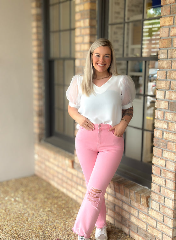 Pink High Waist Distressed Straight Pants