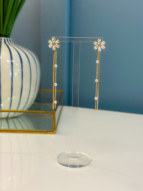 Flower & Pearl Chain Drop Earrings
