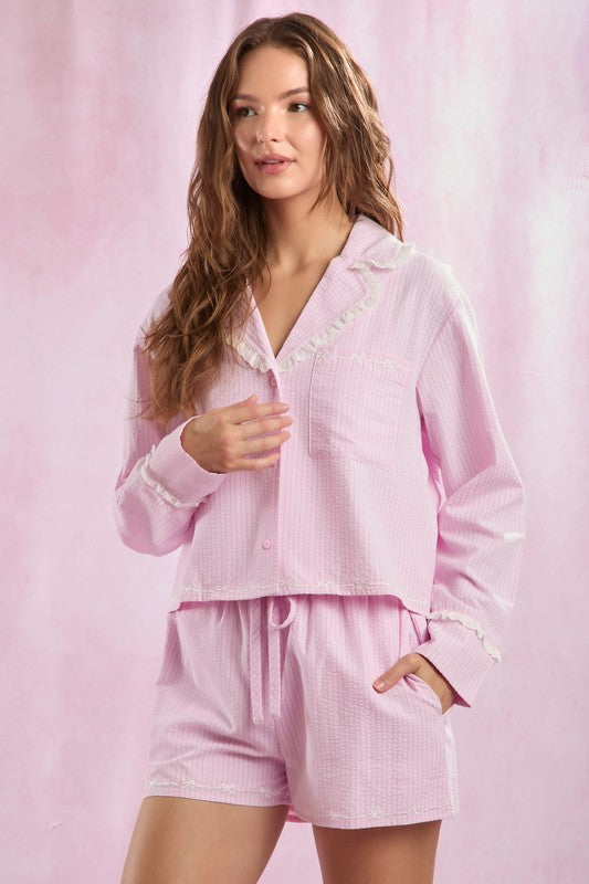 Seersucker Stripe + Bow Lounge Set