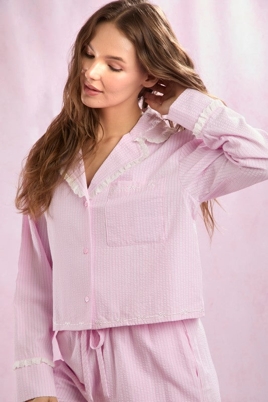 Seersucker Stripe + Bow Lounge Set